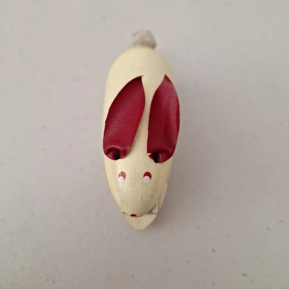 Vintage WOODEN MOUSE STAPLER 1950's Mid-Century Modern Leather Ears Painted